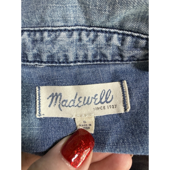 Madewell Chambray Shirt Dress Small Blue Denim Buttons Raw Hem Pockets Boho - Picture 4 of 10